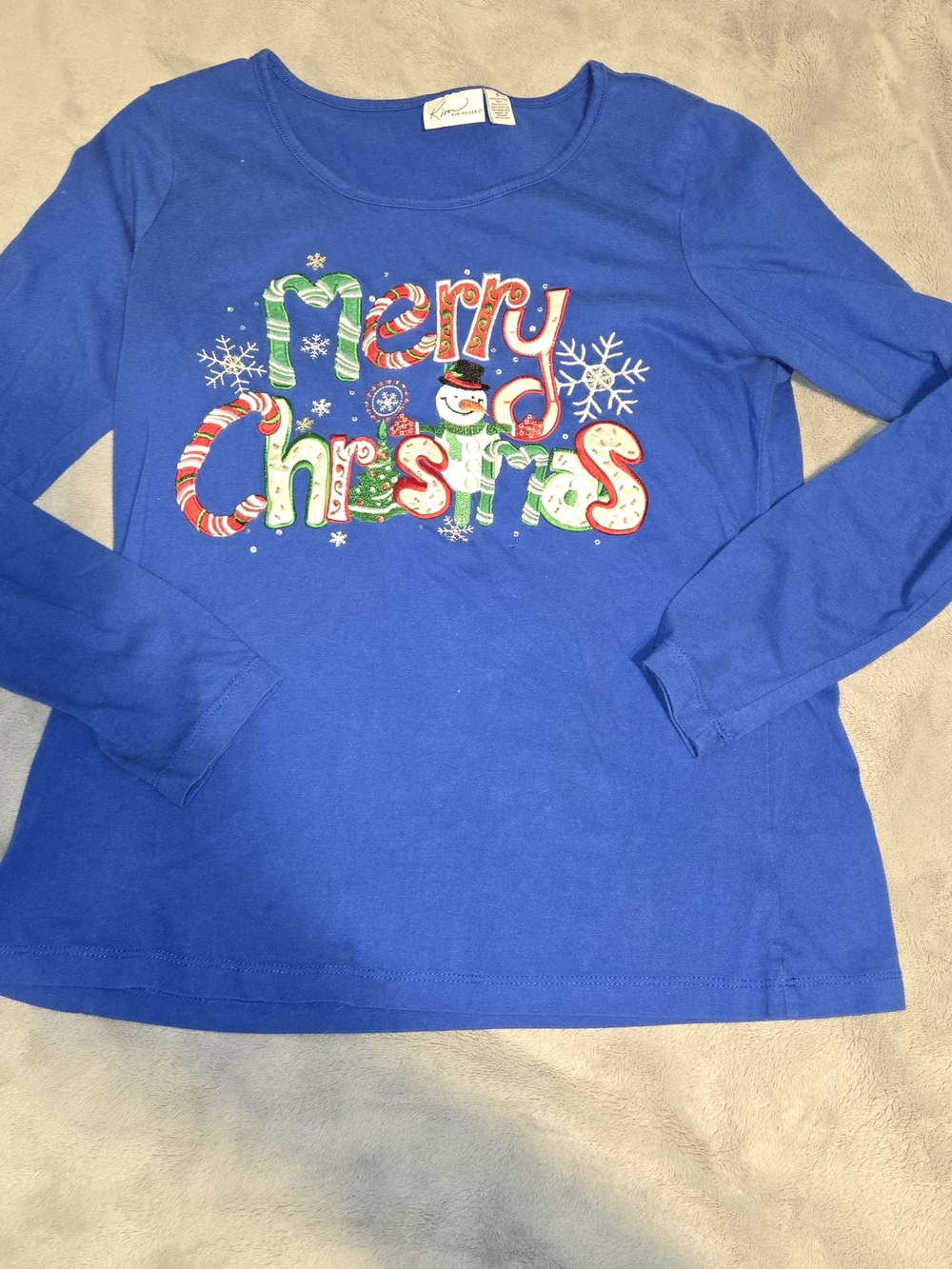 Kim Rogers Blue 'Merry Christmas' Long-Sleeve Holiday Tee SZ Small